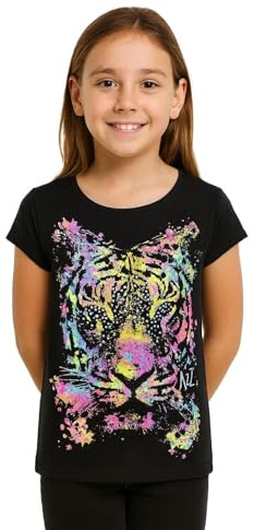 A2Z 4 Kids Girls' T-Shirt, Short Sleeve, Tiger Face, Round Neck - Multi Tiger Top Black 9-10