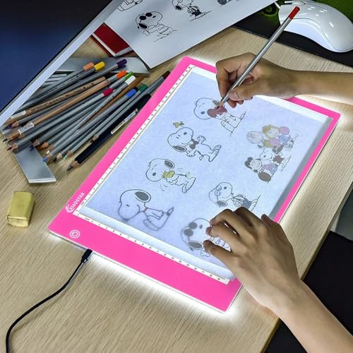 Tablero de copia LED A4, caja de luz superfina, almohadilla de dibujo, mesa de trazado, cable USB con brillo ajustable para artistas, animación, dibujo, animación, visualización de rayos X（Rosa）