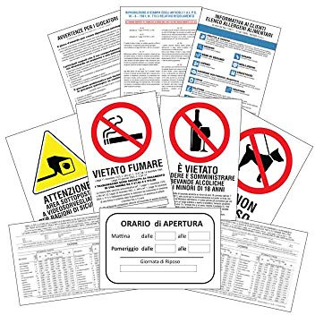 Pack 10 cartelli START-UP adesivi obblighi per locali, bar e ristoranti - regole sicurezza per locali 13,5 x 20 cm - Kamiustore