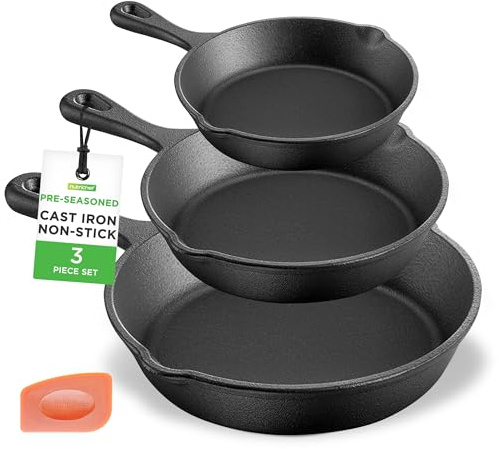 NutriChef Pre-Seasoned Cast Iron Skillets - 3 Pieces Cast Iron Cookware Set w/Drip Spout and Scraper - Compatible with Induction, Electric Stovetop, Gas, & Ceramic - NCCI76