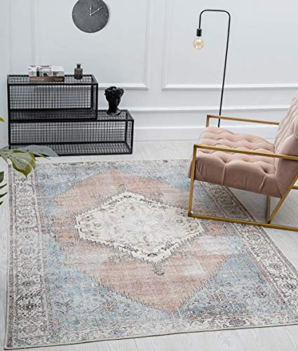 the carpet Zen Klassicher Vintage Wohnzimmer Teppich im Modernen Used Look, Superflach, Waschbar bis 30 Grad, Baumwollrücken, Orient Muster, Rot Blau, 140 x 200 cm