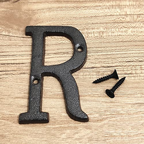 3D House Plaque Numbers 0-9 Letter A-Z Black Cast Iron 8cm Metal Digital Door Plate Sign with Screws Alphabet Home Outdoor Anti-Rust Exterior Signage Doorplate Hotel Apartment Street Mailbox (R)