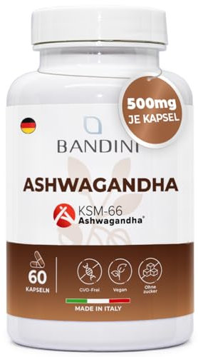 Bandini® Ashwagandha | Patentierter Ashwagandha-Wurzelextrakt KSM-66® | Hochdosiert mit 500 mg PRO KAPSEL | Original Indische Schlafbeere | vegan | 60 Kapseln | 1 Kapsel/Tag für 2 Monate Versorgung