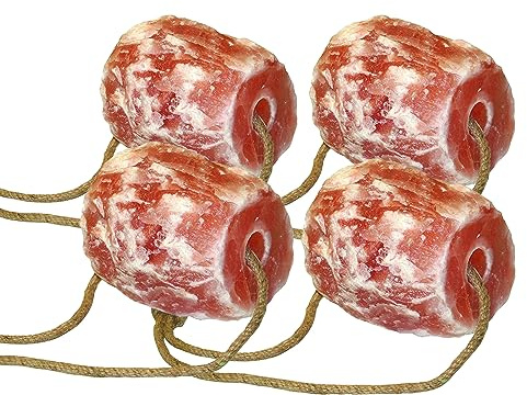 Brama West Lot de 4 pierres à lécher de sel en cristal de roche avec corde de suspension pour chevaux, moutons, chèvres - Produit naturel