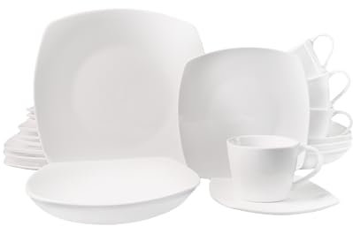 ECHTWERK Vajilla combinada de 20 piezas Classic de diseño moderno, elegante vajilla de porcelana blanca con 4 x platos llanos, 4 x platos llanos, 4 x platos hondos, 4 x tazas de té, 4 x platitos