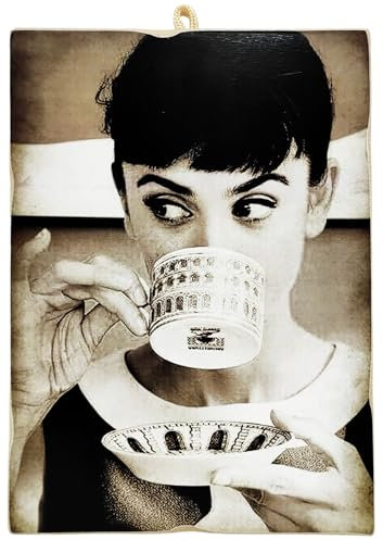 KUSTOM ART Quadro da Parete Serie Attori Celebri Audrey Hepburn beve Caffè The Stampa su Legno 25x18 cm.
