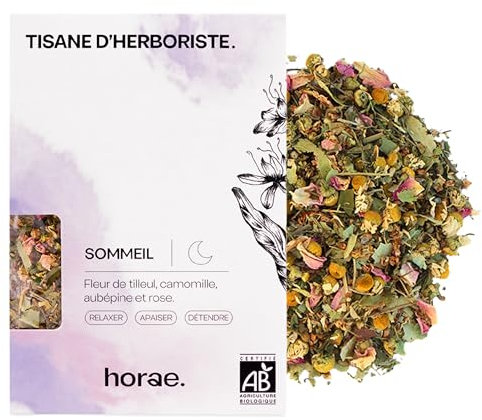 Horae - Tisane sommeil en vrac bio - Infusion de tilleul, camomille, aubépine, rose - Tisane bien-être pour dormir, se relaxer, se détendre - Tisane d'herboristes produite en France