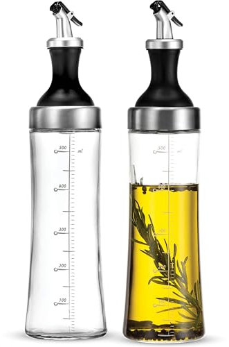 LOFERMA 2-Pack Transparent Olive Oil Dispensers with Measuring Scale – Premium Glass & Stainless Steel, Wide Mouth for Easy Filling & Cleaning, Non-Slip Base, BPA-Free Spout with Anti-Block Filter