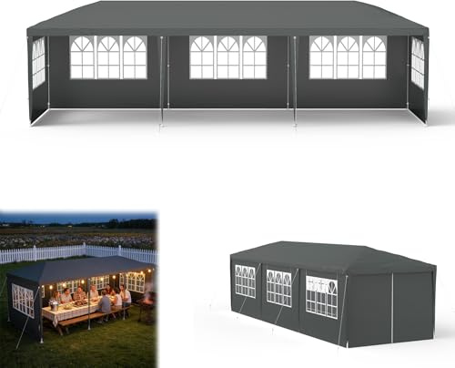 Froadp Paviljong 3 x 9 m, vattentät vintersäker trädgårdspaviljong med 8 sidodelar och fönster för trädgård och camping, UV-skydd, stabilt festtält för fest, bröllop, utomhusevenemang, antracit