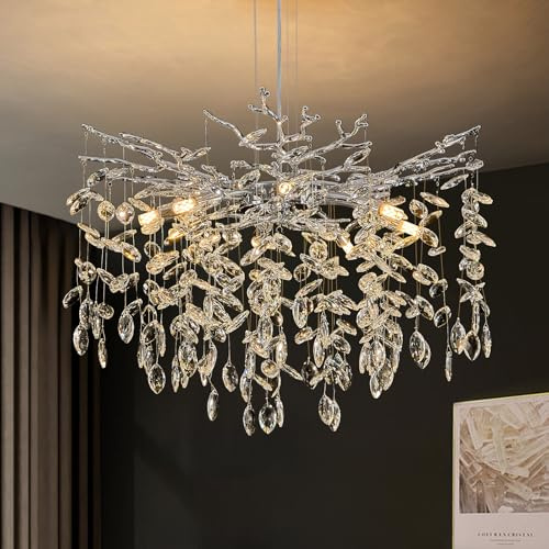 Benkut Modern Tree Branch Crystal Chandelier 23.6 Silver Crystal Dining Room Chandeliers 8-Light Luxury Pendant Lighting for Kitchen Bedroom Living Room