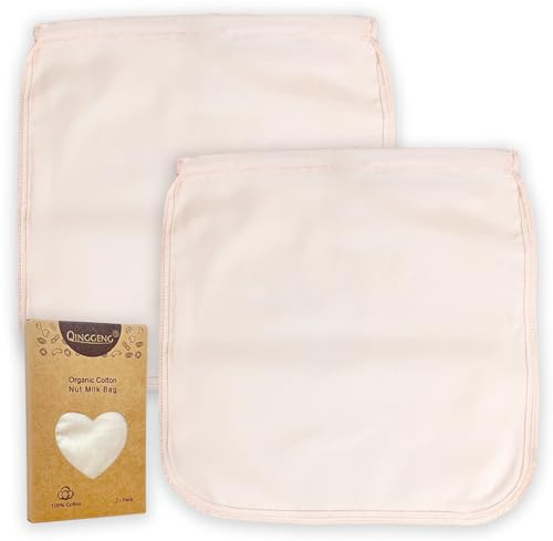 QINGGENG Organic Cotton Nut Milk Bag, 2 Pack Reusable Strainer Bag for Almond and Oat Milk, Juice, Yoghurt, Sturdy Cheese Cloths Bag 30 x 30 cm