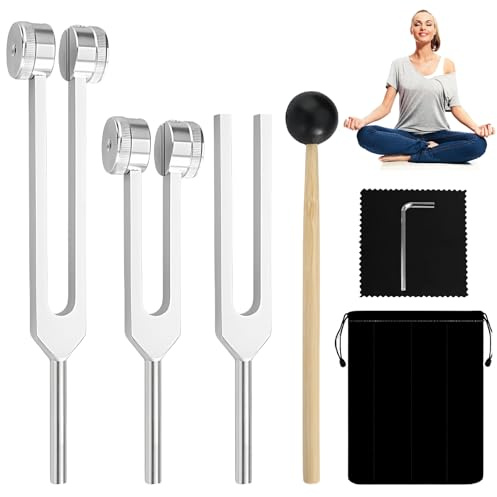 LEKEFETO Set di diapason neurologia con piccolo martello, forchette per la guarigione (128 Hz, 256 Hz, 512 Hz), diapason terapia, terapia chakra, terapia del suono, anti-stress