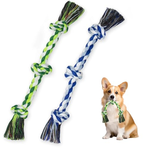 Mrltau 2 Pack 3 Knots Puppy Rope Toy, Heavy Duty Rope Toys for Dogs, 100% Cotton Dog Toys for Small Medium Dogs, Tug of War Teeth Cleaning Indestructible Dog Toys