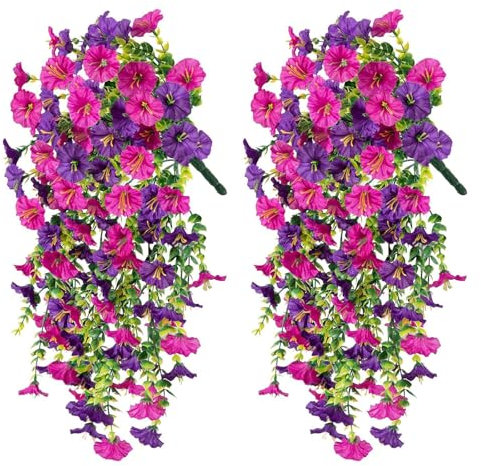 Artificial Hanging Flower Baskets,Eucalyptus Morning Glory Flowers Fake Silk Hanging Plants,Uv Resistant Lifelike Morning Glory Artificial Flowers, Fake Vines for Wedding Garden Yard Home Decor