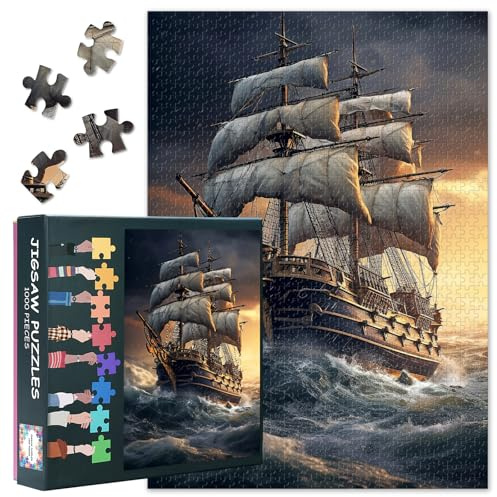 Lot de 1000 puzzles de voilier historique - Puzzle difficile pour adultes - Cadeau pour fête de famille - Bateau pirate - 70 cm x 50 cm