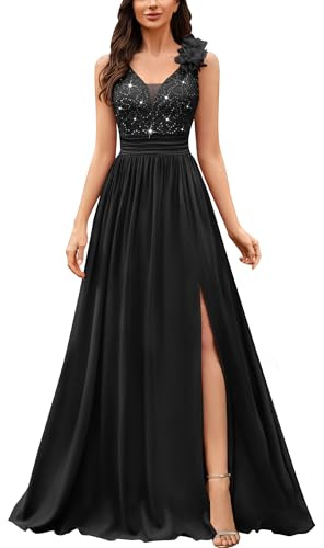 MIUSOL Women's Vintage V-Neck Sleeveless Sequined Lace Split Wedding Formal Evening Maxi Dress