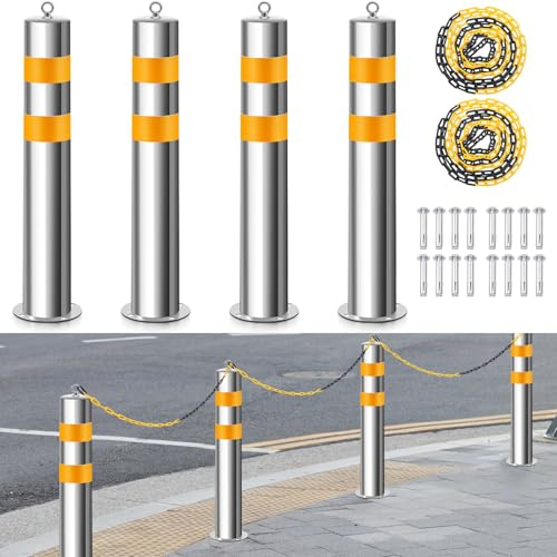 Yaocom 4 Pcs Stainless 31.5''x4.5 Safety Bollard Posts with 2 Barrier Chains, Yellow Reflective Strips Bollard Post with 16 Anchor Bolts for Parking, Warehouses, Garage, Driveway & Pedestrian Safety