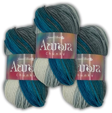 Aurora Chunky 3 x 100g - James C Brett - Soft Wool Blend Multicoloured Ombre Effect Yarn for Knitting and Crochet (Cloudy Skies - AC01)