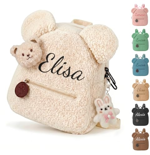 Générique Personnalisable Sac a Dos Enfant, Petit Sac à Dos Bebe, Beige | Avec Nom Brodé, Mini Cartable Maternelle pour Fille et Garcon, Ours Teddy Doux, pour École, Crèche et Voyage