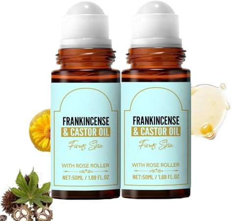 Organic Frankincense Castor Oil Roll On, Organic Castor Oil Cold Pressed Roll On, Frankincense Oil for Skin with Rose Quartz Roller, Nourishing & Hydrating Skin Serum for Face and Body, 50ML (2PC)