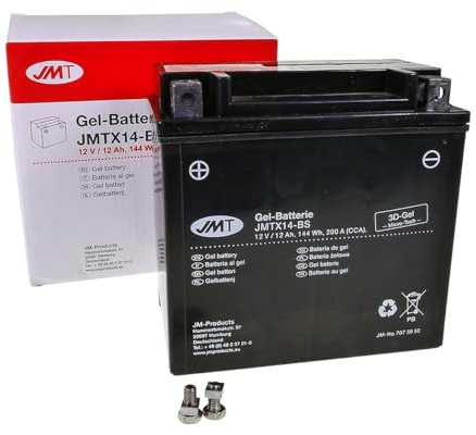 JMT Batterie 12 V 12 Ah (YTX14-BS) [wartungsfrei & versiegelt] kompatibel für Honda XL 1000 V Varadero, XRV 750 Africa Twin, Husqvarna SM 610 ie