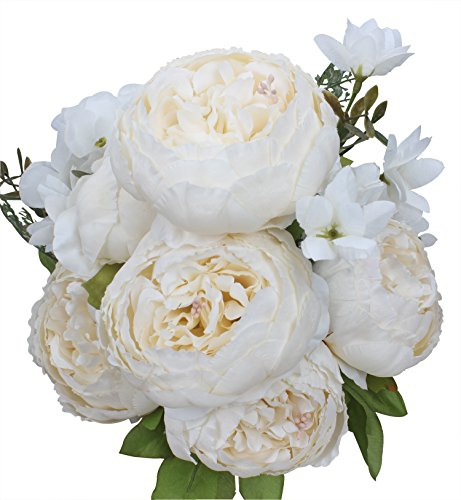 Duovlo Konstgjord pion silkesblommor falska blommor vintage bröllop heminredning, förpackning med 1 (vårmjölk vit)