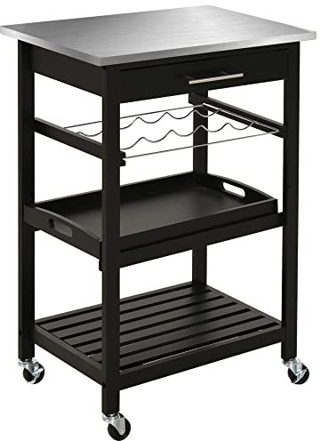 HOMCOM Chariot de Service desserte de Cuisine Table roulantes avec étagère Rangement Bouteille 60L x 40l x 85H cm Plateau en Acier INOX. Noir