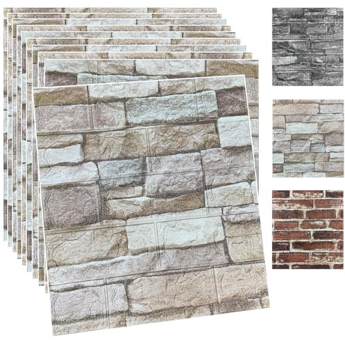 Lot de 20 panneaux muraux 3D à coller et à décoller, en mousse, motif briques 3D (20 pièces couleur pierre)