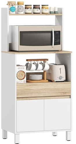 HOMCOM - Mueble para microondas, aparador de cocina con armario cajón estante superior, mueble para microondas, cocina, almacenamiento para comedor, sala de estar, 60 x 40 x 131 cm, color blanco y