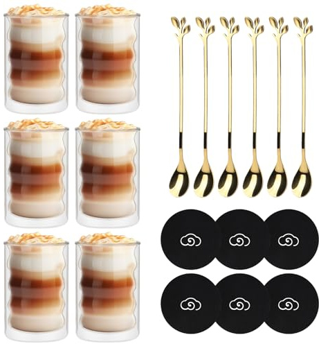 CPROSP 6x 350ml Tazas de Café de Cristal de Doble Pared Transparente, Tazas de Vidrio Borosilicato de Espresso con 6 Cucharillas y Posavasos