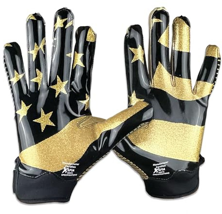 Battle Sports Glitter USA Wide Receiver Football Gloves, Ultra Stick Adult & Youth Gloves - Youth Large, Black/Gold