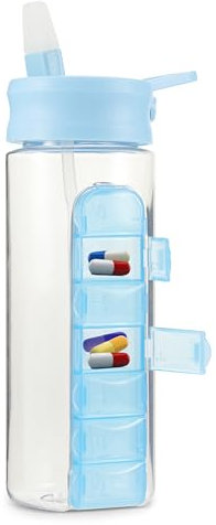 MARS WELLNESS 24 Ounce Water Bottle with Slideout Pill Box, Daily Organizer - 7 Day Medicine Holder, Easy Slide Out Pill Container, Popup Straw for Hydration