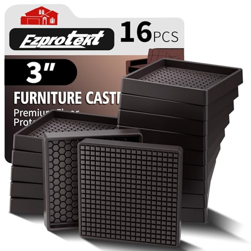 16 PCS Furniture Coasters - 3x3 Non Slip Furniture Pads for Hardwoods Floors, Brown Square Rubber Non Skid Furniture Caster Cups, Anti Slide Furniture Feet Floor Protectors for Bed Couch Stoppers