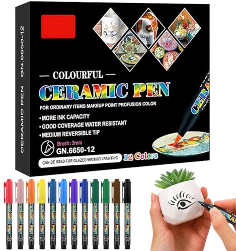 DASIAUTOEM 12 Farben Porzellanstifte, Keramik Bemalen Set Glasmalstifte Spülmaschinenfest für DIY Zeichnungsmuster und Designkreationen auf verschiedenen Porzellan Stein und Glas