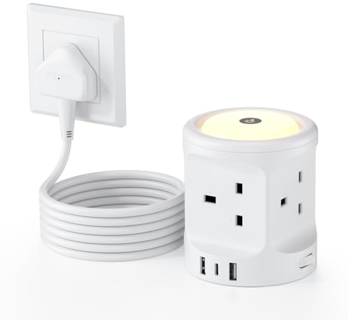 Extension Lead with USB Slots and Night Light, 4 Way (13A/3250W) Multi Plug Extension Cords & 3 USB Ports, Surge Protected Extension Lead with Switches, 2M Extension Cable for Home Dorm Office