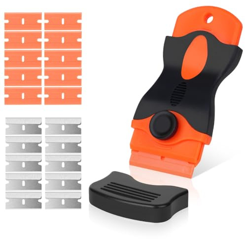 Flintronic Glaskeramikskrapa, 1 x professionell multifunktionsskrapa med 20 fönsterblad, speglar, rengöringsplattor (orange)