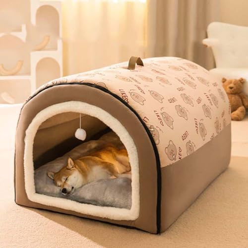 Monbaer Cama grande 2 en 1 para perros con cojín antiansiedad, suave y cálido, plegable y relajante, cama iglú cálida para perros y gatos, extraíble y lavable (M: 50 x 40 x 35 cm, marrón)