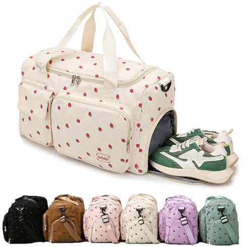 Fraises Velours Côtelé Sac de Sport Femme,Sac de Voyage Femme,Weekend Bag avec Compartiment Humide (Vert)