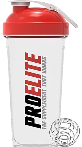 PROELITE 700ml Protein Shaker Bottle with Transparent Shaker Bottle with Stainless Steel Mixing Ball, BPA- and Leakproof Flip On Lid, Odourless, Temperature Safe (Transparent Cup/Red Lid, 700ml)