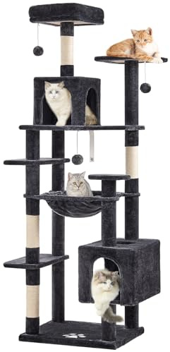 MSmask Kratzbaum groß, L Katzenbaum Stabil, Katzenkratzbaum mit 2 Plattformen, 2 Katzenhöhlen, Hängematte, Sisalsäulen, mehrstöckiger Kletterbaum für Katzen (Dunkelgrau, 173 cm)