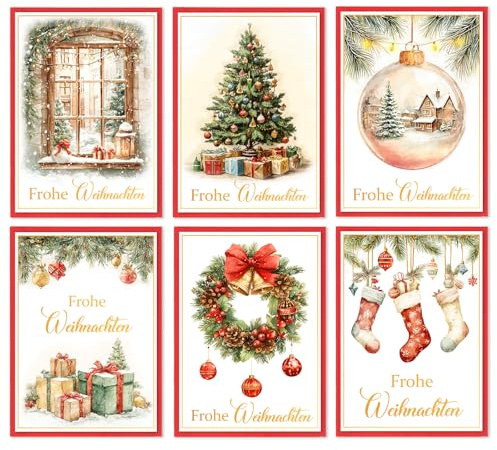Weihnachtskarten Set 12 Stück mit Umschlägen und Stickern – 6 Aquarell Motive, Premium Grußkarten zu Weihnachten, Frohe Weihnachten Weihnachtskarte Klappkarten, Christmas Card Weihnachtspostkarten
