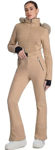 HOTIAN Tuta da sci da donna, impermeabile e antivento, con cappuccio, per neve, invernale, calda, jumpsuit da snowboard e sci, cachi, M