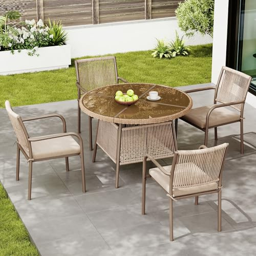 ECLIVON Conjunto de Jardin Exterior de Ratán para 4 Personas, 5 Piezas, Set Muebles Jardin con 4 Sillones y Mesa Redonda, Sillas con Cojines, Juego de Muebles de Jardín para Terraza Patio (Marrón)