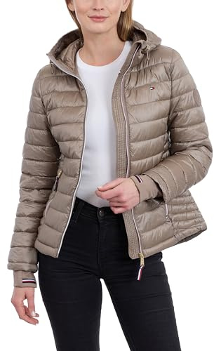 Tommy Hilfiger Women's Puffer Jacket, Lightweight Packable Jacket With Hood & Bag, Taupe, Large