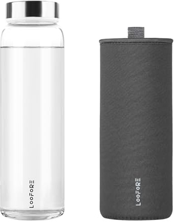LOOFORE Glass Water Bottle 32 oz with Wide Mouth and Neoprene Sleeve