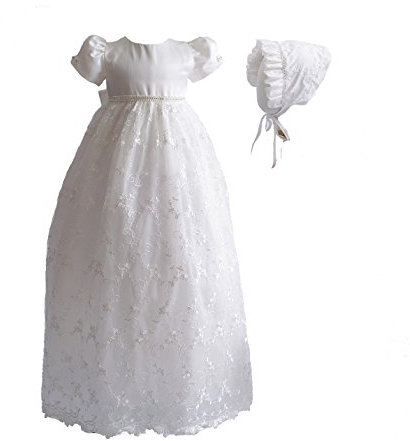 Cinda Baby-Mädchen-Spitze-langes Taufkleid mit Mütze, Elfenbein, 68-74 (Herstellergröße: 9M)