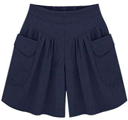 Petalum Women Summer Loose Casual Comfy Shorts Culottes Elastic Waist Wide Leg Pants (Navy Blue,Size 14/Tag 2XL)