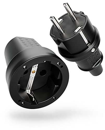 greate Schuko Stecker Kupplung 230V Aussenbereich - Gummistecker Kupplung Set mit Knickschutz, 2-polig, 230V, 16A & 3,7kW - IP44 Stecker und Kupplung 230V schwarz für Außenbereich - Schukostecker
