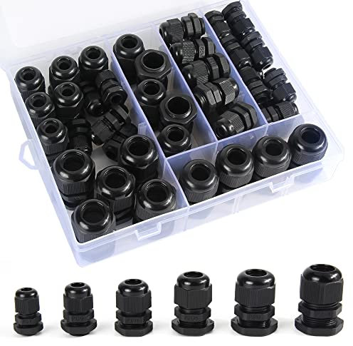 50 Stück Verstellbare Wasserdichte Kabelverschraubung Set, einstellbare 3-16 mm Kabelanschlüsse PG7 PG9 PG11 PG13.5 PG16 PG19，IP68 Kabelverschraubungen Schwarz mit Gegenmutter Kunststoff