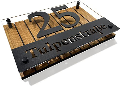 Hausnummer-Schild Adressschild haus hauswand personalisiert holz eiche plexiglass 3d individuelles design (Lamellenmuster 2)
